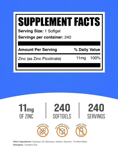 Vista 2 de BulkSupplements. com Cápsulas blandas de picolinato de zinc – Zinc 11 mg, para apoyo inmunológico, sin gluten – 1 cápsula blanda por porción, 240