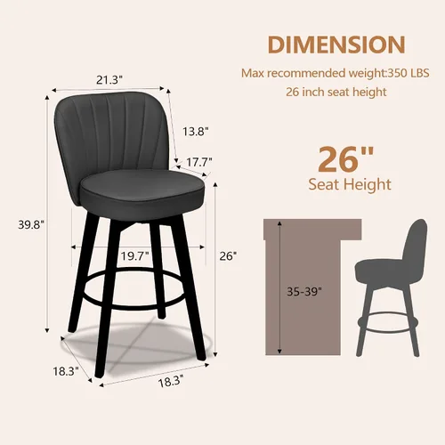Vista 2 de MINCETA Juego de 2 taburetes de bar giratorios de 360°, taburete de bar de 26 pulgadas de altura de mostrador con respaldo de concha, silla de bar