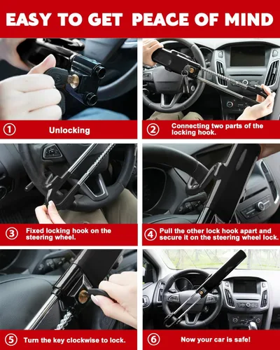 Vista 5 de Tevlaphee Bloqueo de Volante Antirrobo Dispositivo para Automóvil de Servicio Pesado Cerradura de Seguridad para Automóvil Dispositivos de Bloqueo