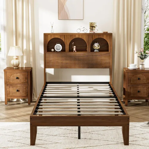 Vista 8 de Lxsxlome - Marco de cama individual con cabecera ondulada, cabecera de madera con 3 compartimentos de almacenamiento arqueados, plataforma de cama