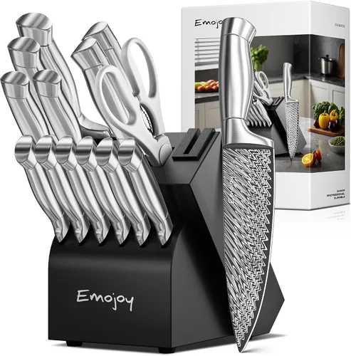 Vista 8 de Emojoy - Juego de cuchillos de cocina de 15 piezas con bloque y afilador integrado, juego de bloques de cuchillos de acero inoxidable alemán de alto