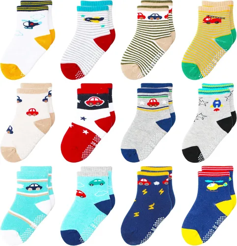Vista 11 de 12 paquetes de calcetines antideslizantes para niños y bebés con agarre para niños de 1-7 años, calcetines de algodón de tripa para niños y niñas