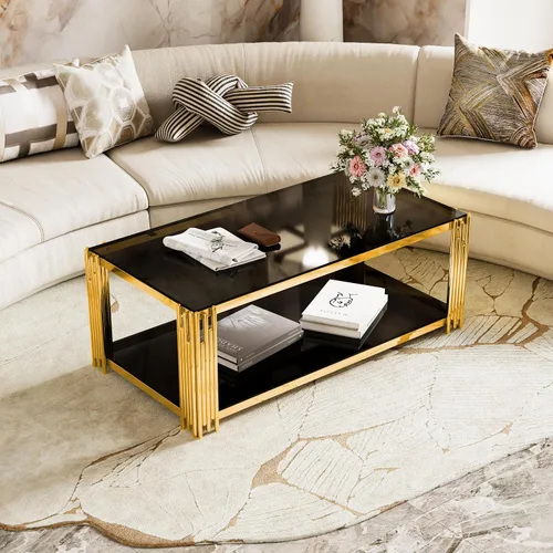 Vista 15 de Mesa de centro de cristal negro de 43 pulgadas, mesa moderna para sala de estar, acero inoxidable dorado, patas de metal, rectangular, de vidrio