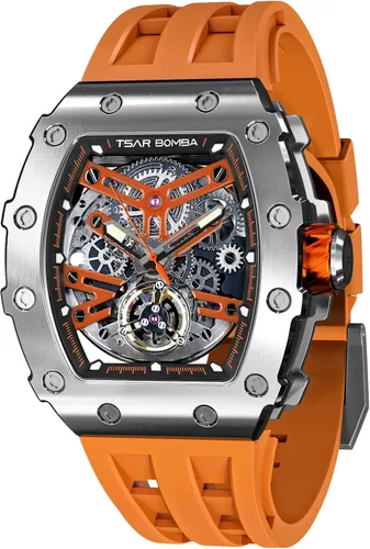 Vista 10 de Tsar Bomba Men's Automatic Watch Tonneau Luxury Skeleton Watch for Men Mechanical 50M Waterproof Wristwatch Gift for Men 08tc-whi