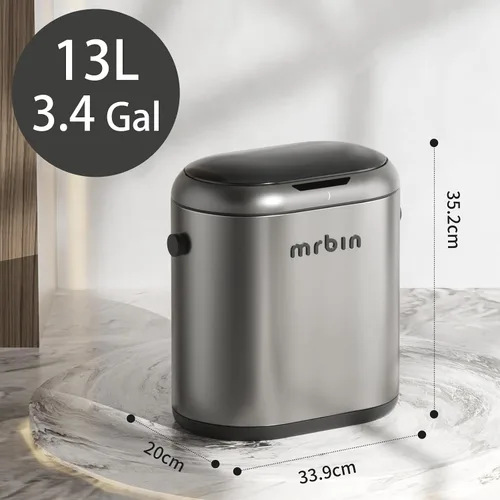 Vista 7 de MRBIN Cubo de basura de metal de absorción automática para baño, cubo de basura sin contacto con tapa, bote de basura delgado de 3.2 galones