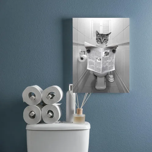 Vista 4 de kvtiwee retrato personalizado de mascota a partir de foto, arte de pared en lienzo de gato en el inodoro, arte de baño divertido en blanco y negro