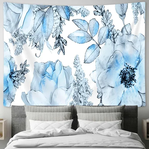 Vista 2 de SAOLUIS Tapiz floral, tapiz de flores azules, tapiz estético floral de acuarela, tapiz floral de poliéster, flores bohemias para colgar en la pared