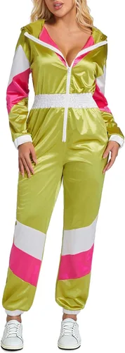 Vista 11 de Yisfri Traje retro de una pieza con bloques de color para mujer, traje retro de los años 80 con cintura elástica con capucha