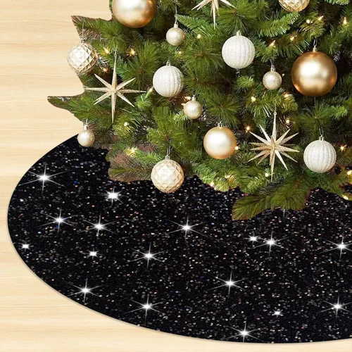 Vista 8 de Faldón para árbol de Navidad con lentejuelas doradas brillantes de 21 pulgadas, faldón de terciopelo con lentejuelas para árboles delgados, collar