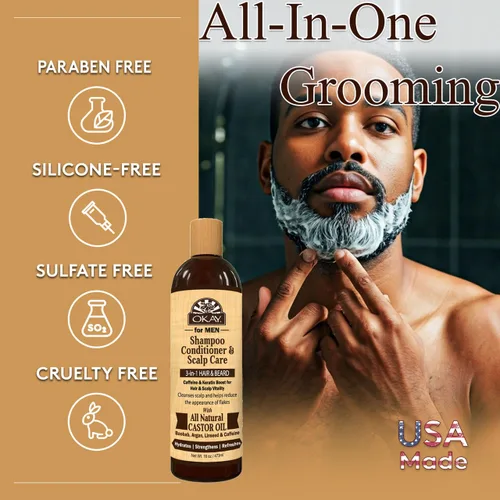 Vista 3 de OKAY -MEN Champú y acondicionador 3 en 1 - Champú y acondicionador de aceite de ricino, lavado de barba, tratamiento aclarador para cabello seco