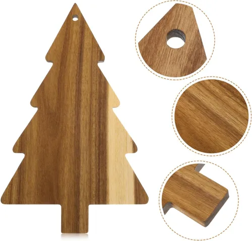 Vista 3 de Amosfun Tabla de cortar de árbol de Navidad, tabla de cortar de cocina, bandeja de servir de madera, placa de charcutería en forma de árbol, 9.5 x