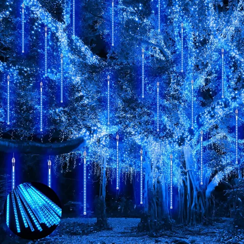 Vista 14 de PEMOTech Luces de lluvia de meteoritos para exteriores, 38.5 pies, 15 tubos de 11.8 pulgadas, 540 luces LED de Navidad al aire libre, luz