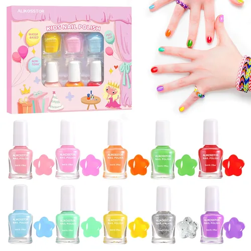 Vista 9 de Juego de esmaltes de uñas con purpurina para niños, 10 colores brillantes, no tóxicos, a base de agua, de secado rápido, para fiestas de niños