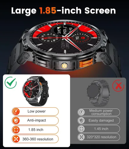 Vista 3 de LIGE Reloj inteligente con marca/respuesta de llamada, pantalla HD de 1.85 pulgadas, relojes inteligentes con batería de 730 mAh, linterna, 120