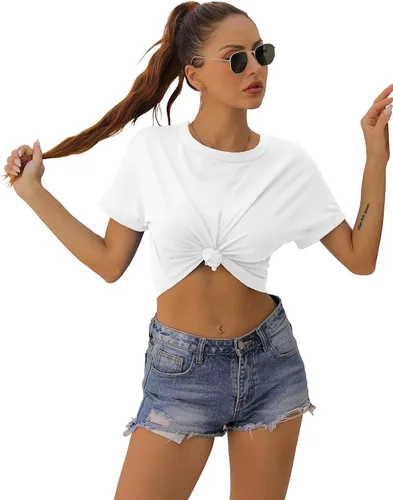 Vista 4 de Blusa corta de verano para mujer, manga corta, cuello redondo, ajuste holgado, blusa casual