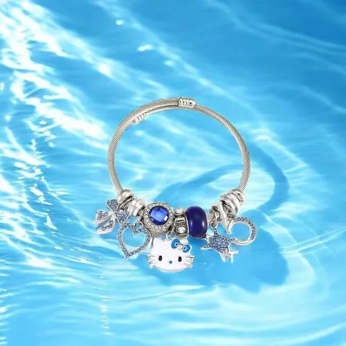 Vista 3 de ToamE Pulsera azul con texto en inglés "Star Moon Hello KITTY, accesorio Kawaii", pulsera ajustable de acero inoxidable, regalo de cumpleaños