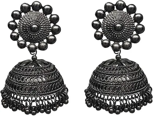 Vista 3 de Indian Hawker Gargantilla negra de plata oxidada con pendientes Jhumka para mujeres y niñas