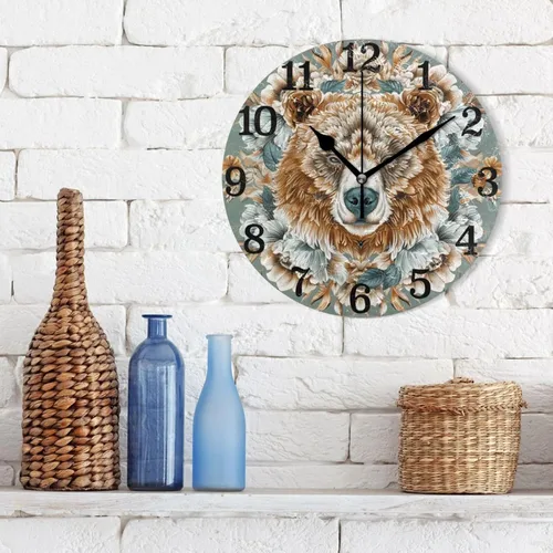 Vista 3 de Reloj redondo de pared de 10 pulgadas, sin tictac, oso marrón bohemio, flores retro para interiores para baño, baño, oficina, reloj para cocina