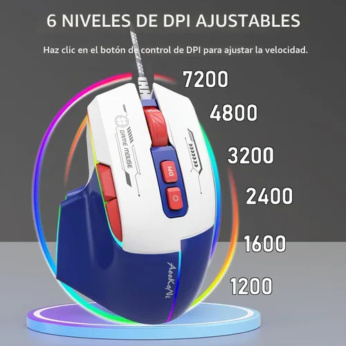 Vista 4 de Ratón para juegos con cable, mouse para juegos con retroiluminación RGB, 7200DPI ajustable, ratones para juegos de PC con 7 botones macro Azul