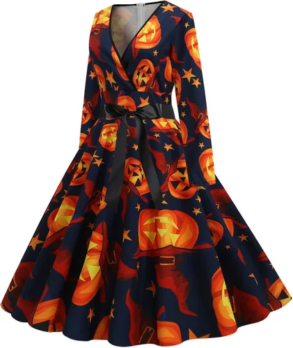 Vista 4 de Vestido de Halloween para mujer 2022, vestido vintage sexy con cuello en V, manga larga, vestido con vuelo