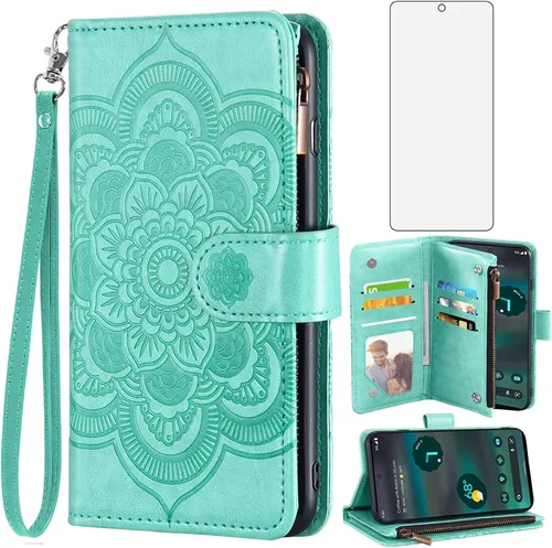 Vista 8 de Asuwish Funda de teléfono para Google Pixel 6A 5G 2022 con protector de pantalla de vidrio templado y soporte de tarjeta de crédito con tapa de Azul