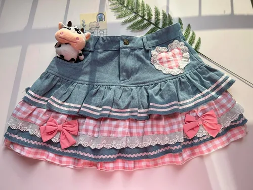 Vista 6 de Preppy Lolita Kawaii Faldas Dulces Mini Mujeres Lindo Vestido de Bola Falda Denim Falda Y2K Cintura Alta Encaje Pastel Faldas