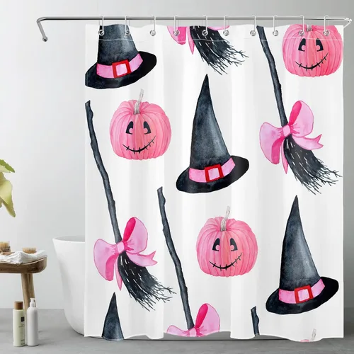 Vista 8 de LB Cortina de ducha de feliz Halloween para baño, flamenco rosa y calabaza naranja con sombrero mágico, cortina de ducha de tela con ganchos, juego