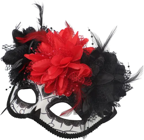 Vista 4 de GREUS Máscara de calavera de azúcar para mujer, máscara del Día de los Muertos mexicano, máscaras de flores para disfraz de Halloween, fiesta