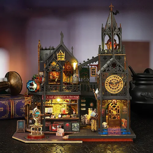 Vista 7 de Kit de Rincón de Libros de Bricolaje - Kit de Casa de Muñecas en Miniatura con Muebles y Luz LED, Rompecabezas 3D de Madera Sujetalibros de Arte