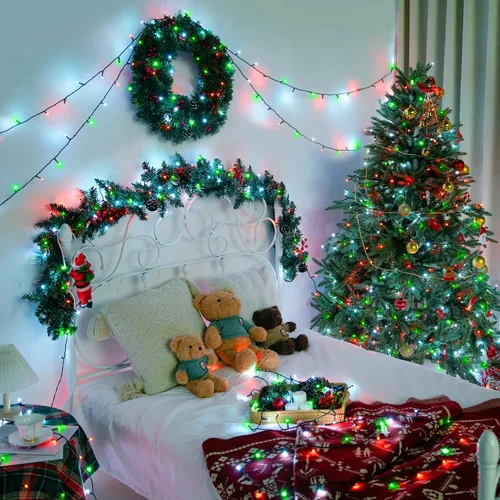 Vista 6 de JMEXSUSS 400 luces LED de Navidad rojas, blancas y verdes, luces de árbol de Navidad de 132 pies con control remoto, tira de luces para interiores