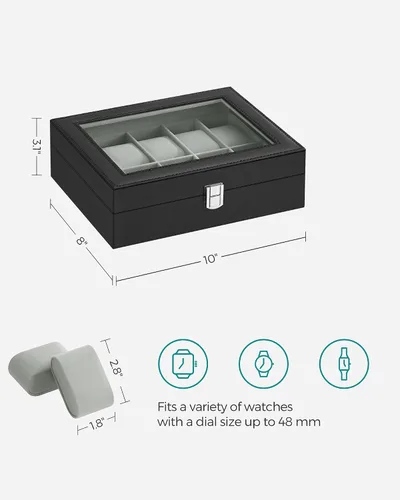 Vista 6 de SONGMICS Caja de reloj, caja de reloj de 10 ranuras con tapa de vidrio grande, almohadas extraíbles para reloj, organizador de caja de reloj, regalo