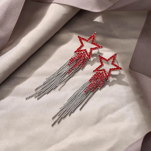 Vista 5 de EVER FAITH Aretes de borla de estrella para mujer, aretes largos de cristal de diamantes de imitación con cuentas de cascada con flecos, aretes
