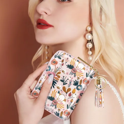 Vista 6 de Coco Rossi Billetera pequeña para tarjetas de crédito RFID con purpurina linda para mujer, C Flores rosadas
