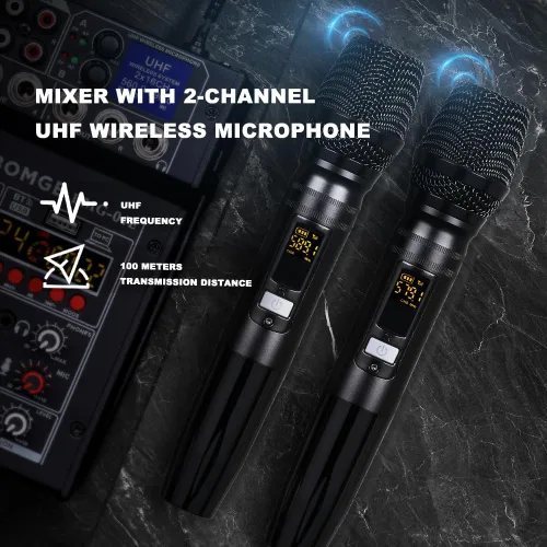Vista 2 de BOMGE 04E mezclador de audio de karaoke, mezclador de 4 canales con micrófono inalámbrico UHF dual de 329 pies, consola de tablero de sonido