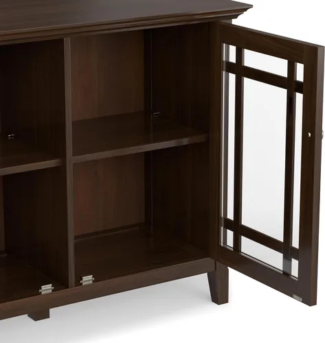 Vista 8 de SIMPLIHOME Bedford - Aparador de madera maciza de 62 pulgadas de ancho en marrón moreno Aparador de buffet de transición con puertas de vidrio