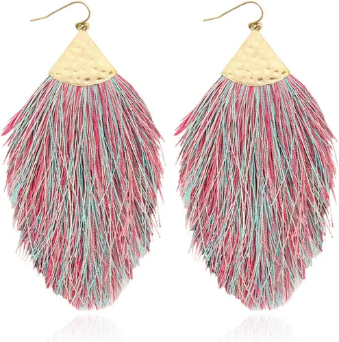 Vista 32 de Aretes bohemios de hilo sedoso con flecos y borlas – Ligeros, colgantes, con hebras y forma de pluma Fleco de plumas - Azul Aqua