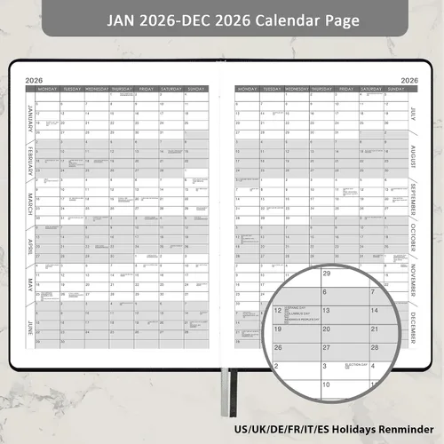Vista 4 de Agenda diaria 2026 – Agenda diaria de una página por día, enero a diciembre 2026, 2026 con banda elástica, cubierta de piel sintética suave
