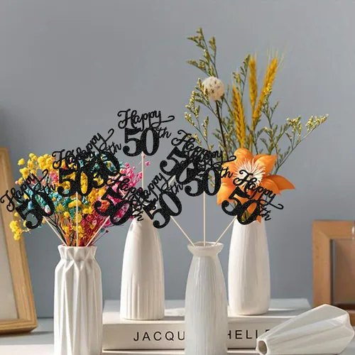 Vista 4 de Rsstarxi Paquete de 12 palitos de centro de mesa de cumpleaños número 50 para decoración de mesa de cumpleaños 50 para hombre, decoración de mesa