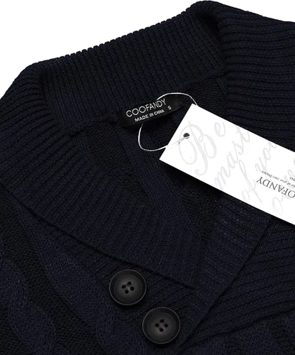 Vista 4 de COOFANDY Suéter de punto trenzado con cuello de chal para hombre, ajuste delgado, informal, con botones