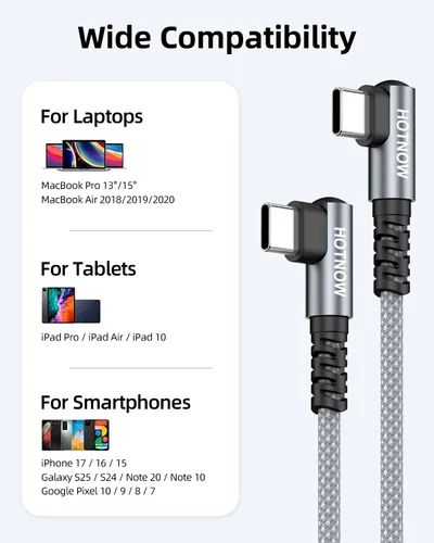 Vista 8 de Cable USB C a USB C en ángulo recto corto de 1 pie, paquete de 3 gris y blanco