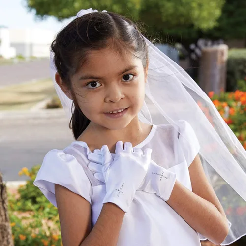 Vista 3 de First Communion Gloves blanco para niña con cruz de diamantes de imitación, talla M, Blanco