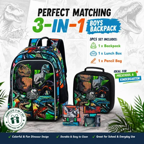 Vista 9 de CCJPX 3Pcs Backpack for Boys, 16 Inch Preschool Elementary Kindergarten School Backpacks and Lunch Box Aa1-dinosaurio Negro