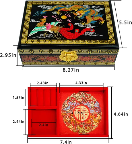 Vista 2 de Fengshuibringluck Joyero tradicional con diseño de dragón y fénix, organizador de joyas de madera, regalo para el Día de la Madre, soporte pequeño