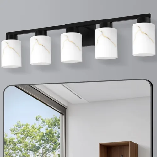 Vista 27 de Juego de 2 apliques de pared dorados con pantalla de vidrio de mármol, accesorios modernos de tocador de baño para dormitorio, pasillo, entrada