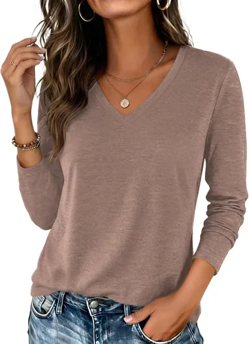 Vista 22 de Zeagoo Camisas de manga larga para mujer, cuello en V, casual, básica Rosa