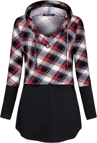 Vista 2 de QUINEE sudadera con capucha para mujer de manga larga a cuadros, bloque