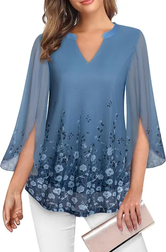 Vista 3 de VALOLIA Blusa tipo túnica floral de manga 34 para mujer, cuello en V, doble capa, ajuste holgado, de malla
