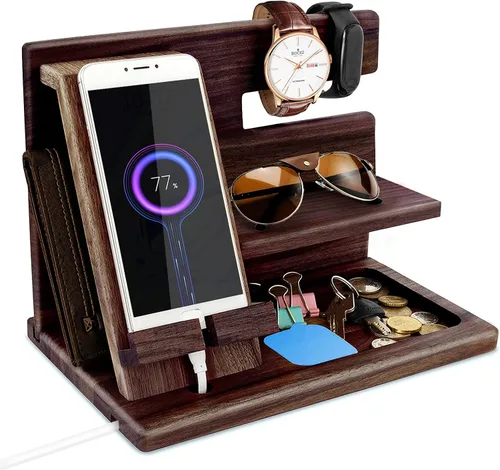 Vista 14 de Regalos para hombres, organizador de mesita de noche, estación de acoplamiento de teléfono de madera, regalos de cumpleaños de papá para él, mesita