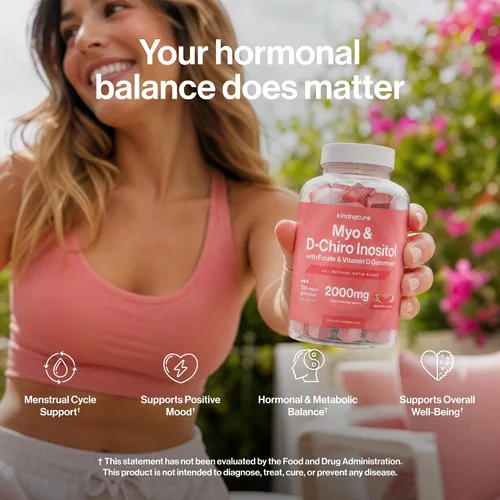 Vista 2 de kindnature Gomitas de mio-inositol y D-Chiro inositol para mujeres, 2000 mg + 50 mg, proporción ideal 40:1, con vitamina D y folato, equilibrio
