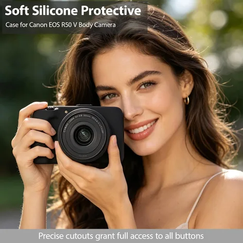 Vista 2 de Funda para cámara de cuerpo Canon EOS R50 V, piel, arañazos, funda protectora de goma de silicona suave con protector de pantalla, accesorios